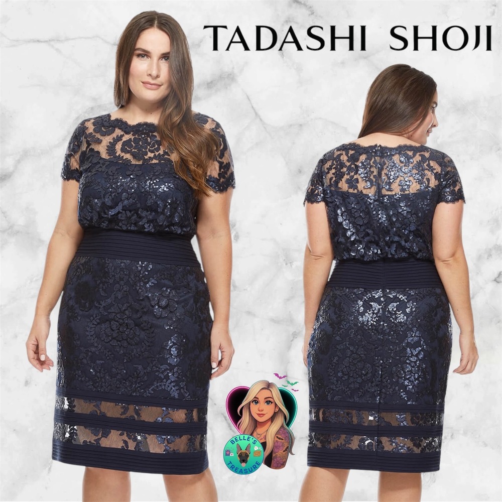 Tadashi Shoji Sz 10‎ Blouson Waist Paillette Sequin Lace Dress Mother Bride Navy
